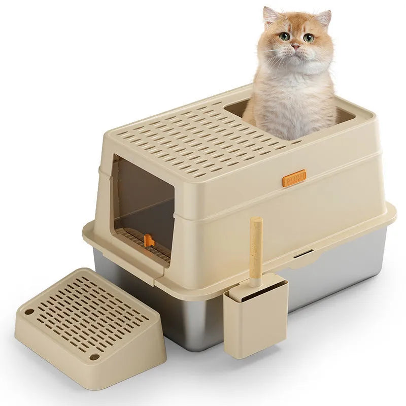 Grey enclosed cat toilet with pedal entry and stainless steel litter pan