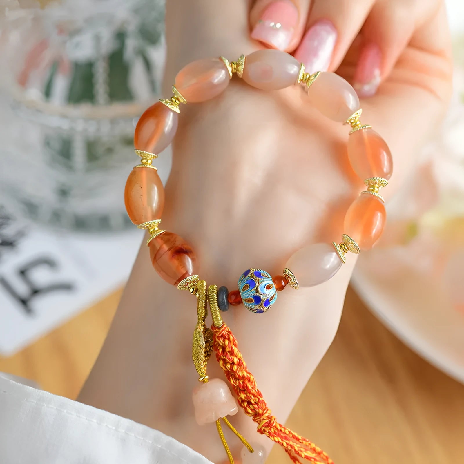 Vintage ethnic style jinsi jade agate Tibetan bracelet with floral and geometric shapes.