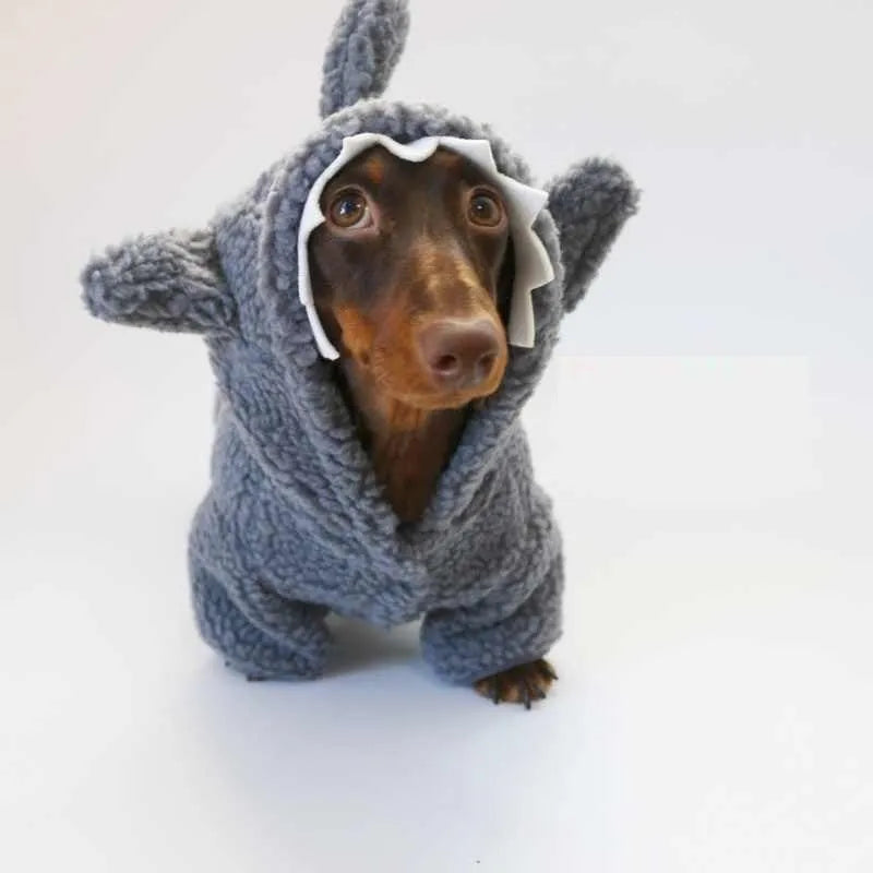 Grey shark fleece-lined hooded pet sweater for small dogs and cats, sizes XS to XL