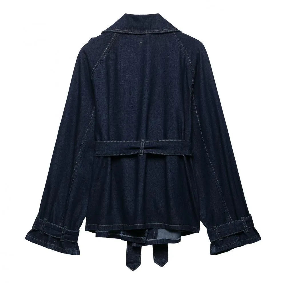 Women casual blue denim trench coat with belt, short wide cut, long sleeves, solid colour, street fashion style