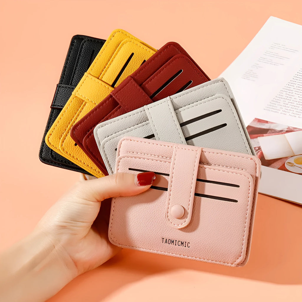 New driver's license card holder short PU bag for women, buckle closure, multiple card slots, pink colour