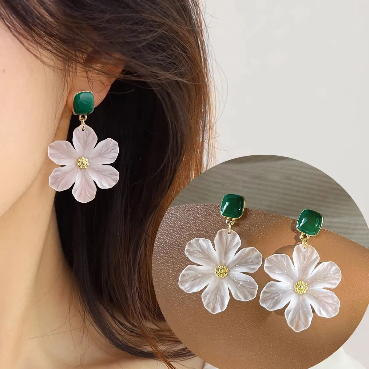 Dark green alloy needle flowers sweet drop earrings for women