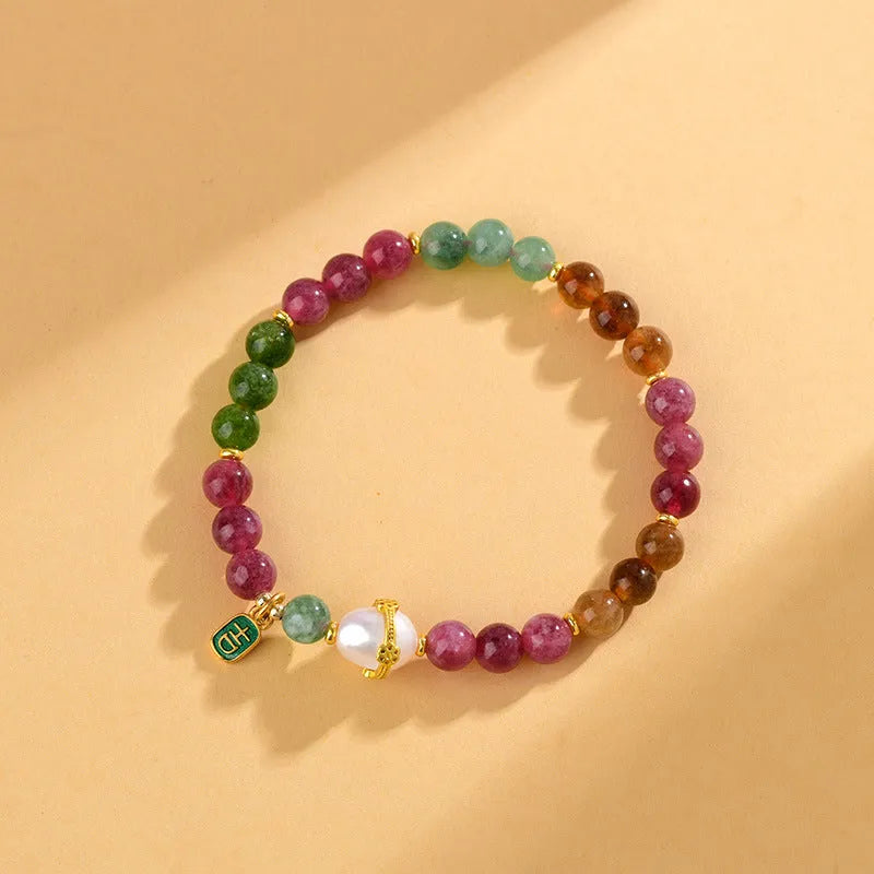 Geometric optimised tourmaline bracelet with 6.5mm chalcedony beads in natural crystal
