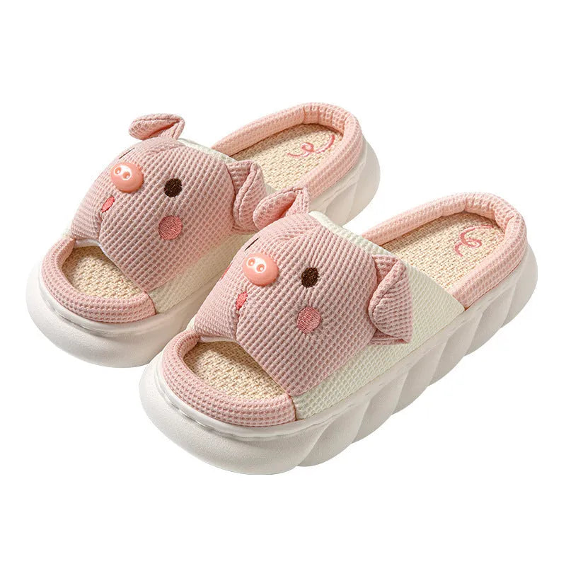 Piggy cute open-toe linen slippers for couples in white, pink, black, and brown colours.