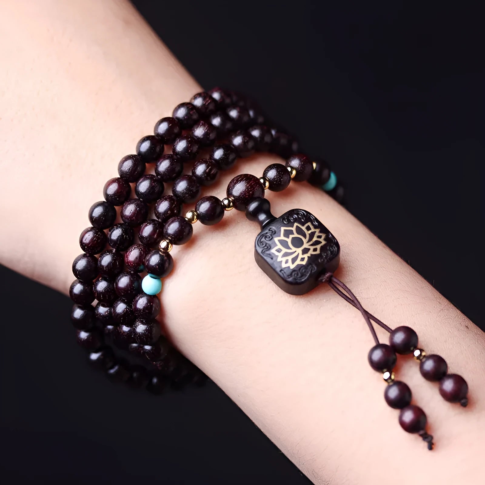 Zambian rosewood bead bracelet with 108 flat lotus pendant beads measuring 0.6 cm each