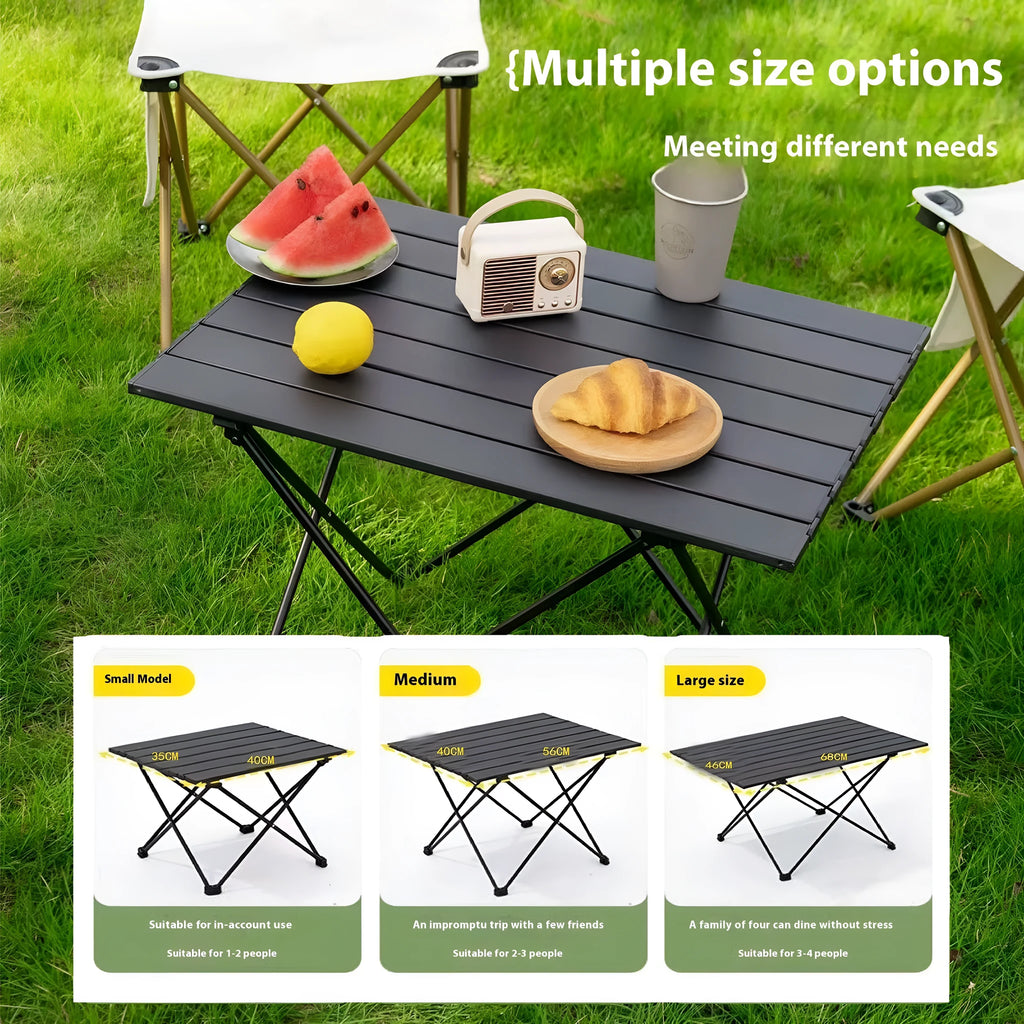 Ultralight aluminium alloy folding table in black carbon steel finish, folded flat for storage