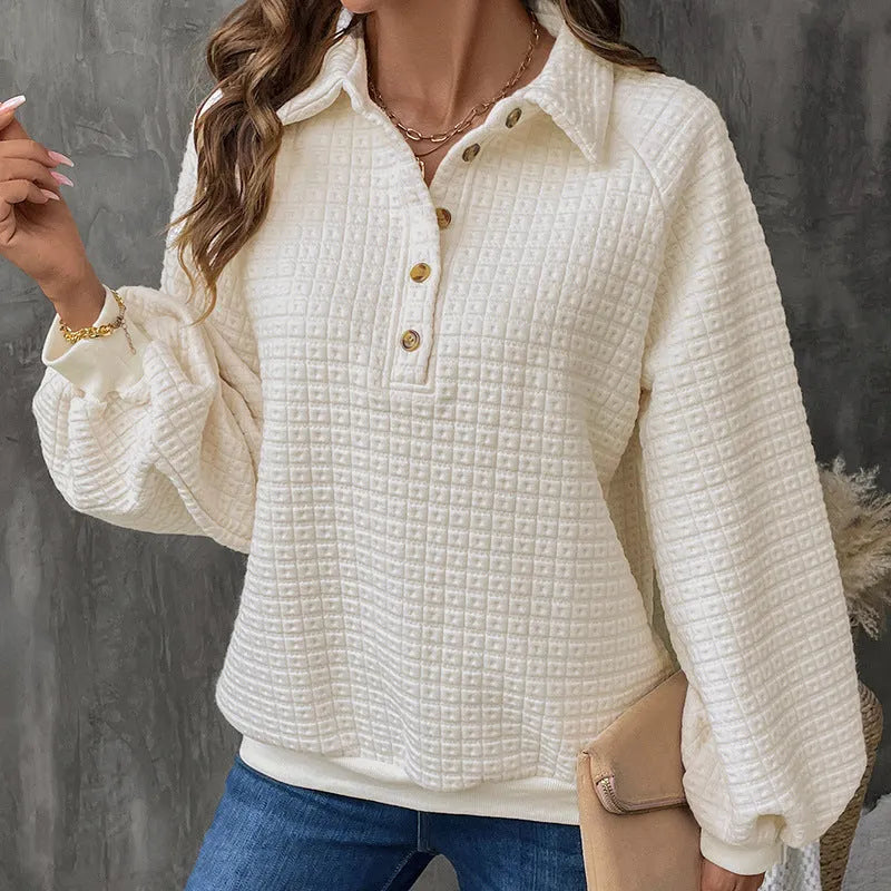 Women's milky white polo collar sweater with textured fabric and long sleeves