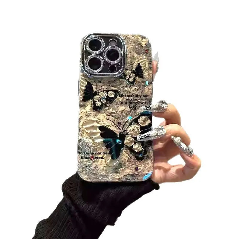 Retro brown butterfly acrylic phone case with flash lens bracket for iPhone