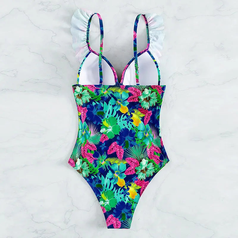 Ruffled printed backless one piece swimsuit women, floral solid colour polyester, sleeveless, sizes S M L XL
