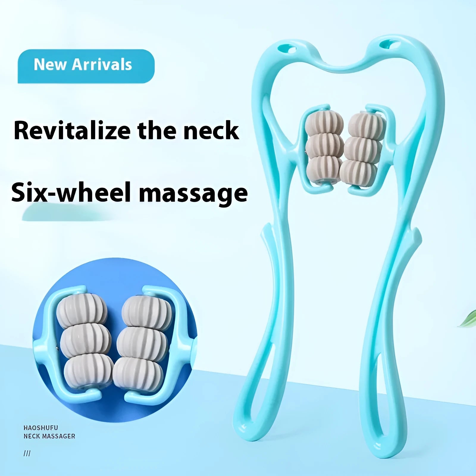 Blue plastic handheld massager with six rotating wheels for neck, shoulder, and back.