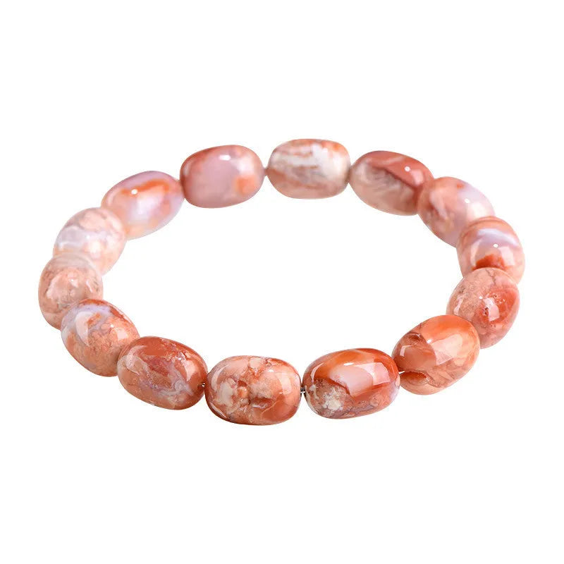 Original design agate bracelet with cherry blossom colour barrel beads and Ruyi charm.