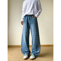 Retro blue plaid wide-leg skinny jeans in cotton denim with mid waist and zip fly