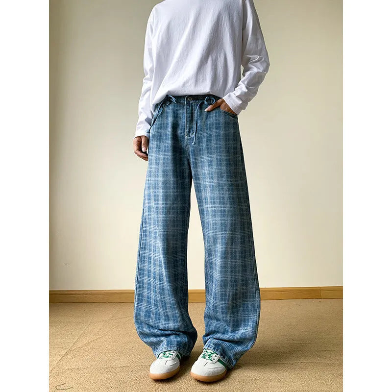 Retro blue plaid wide-leg skinny jeans in cotton denim with mid waist and zip fly