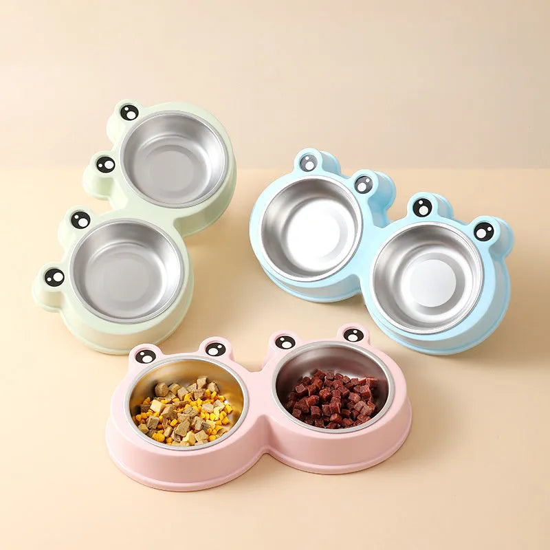 Stainless steel pet double bowl with frog design for separate food and water feeding
