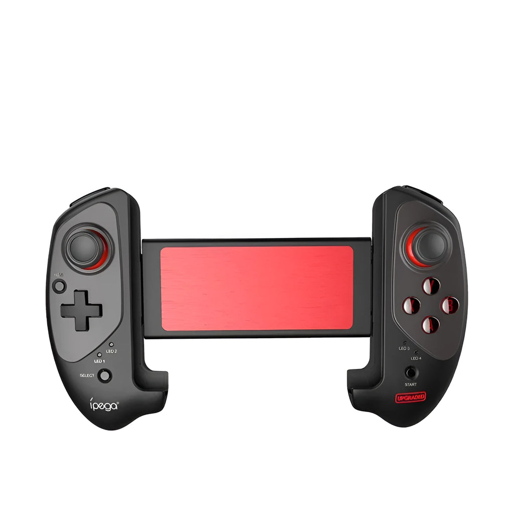 Red telescopic Bluetooth gamepad controller with USB cable for Android, iOS, and PC gaming