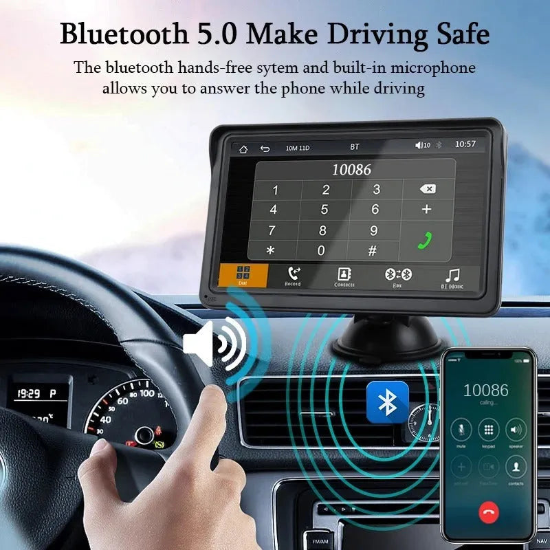 7-inch car dashboard display screen with wireless CarPlay support and HD resolution