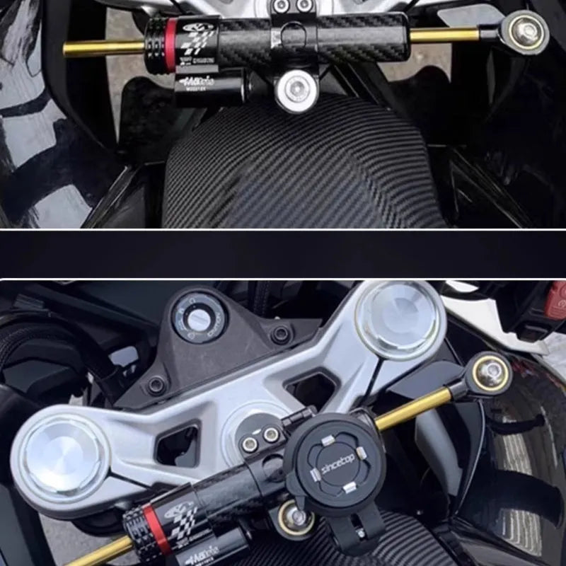 Directional titanium damper bracket for CFMoto 450SR/450SRS motorcycles with carbon fibre finish