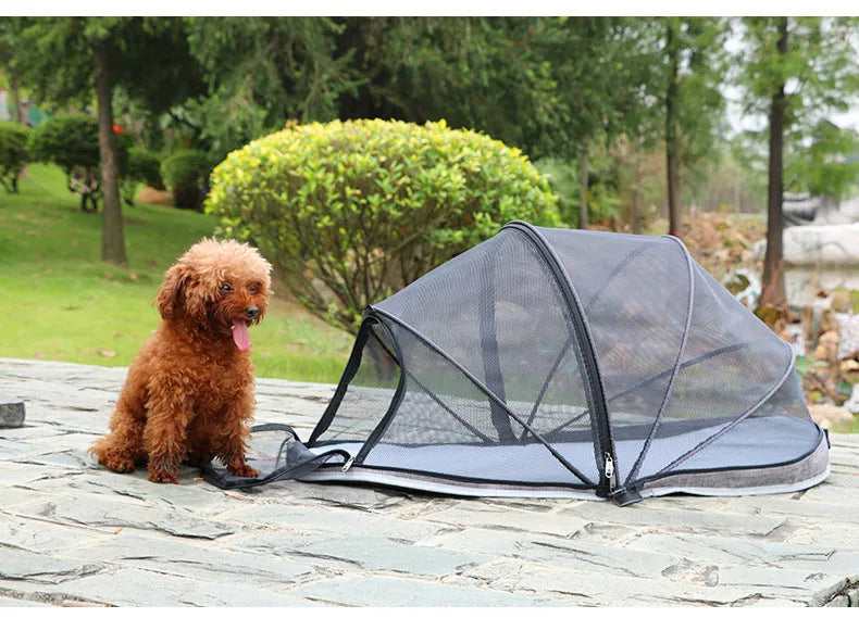 Folding cat travel tent with half mesh panels in blue or black colour options
