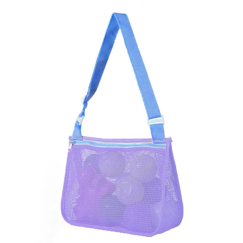 Blue nylon mesh travel storage organiser bag for children's toys and clothing, sealed, measuring 20x25x8cm.