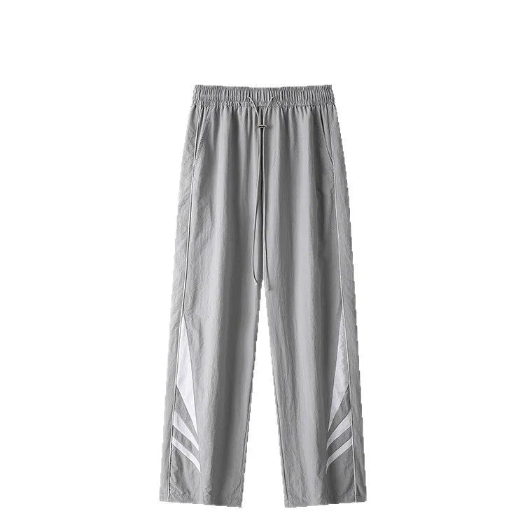 Men's straight leg summer trousers in black and gray colours with elastic waistband