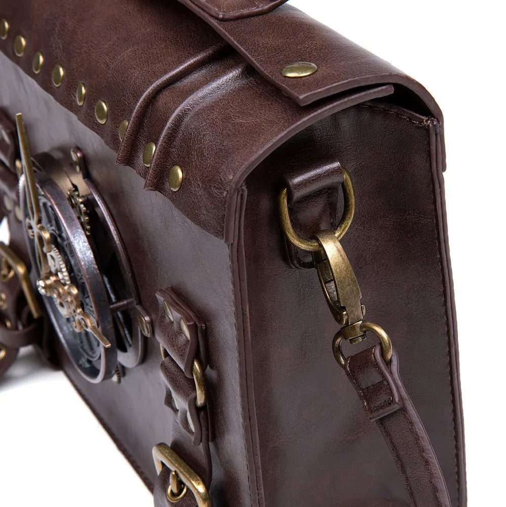 Bronze steampunk industrial retro shoulder bag with metal accents and pillow shape