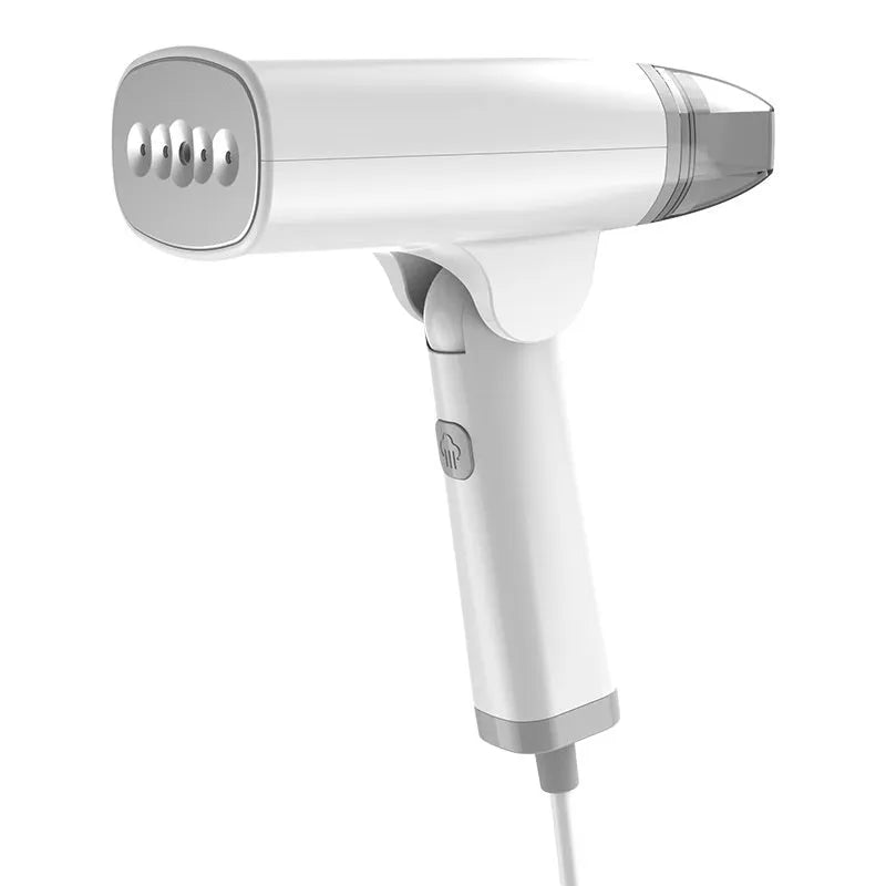 Blue and white handheld garment steamer with water tank and temperature control buttons