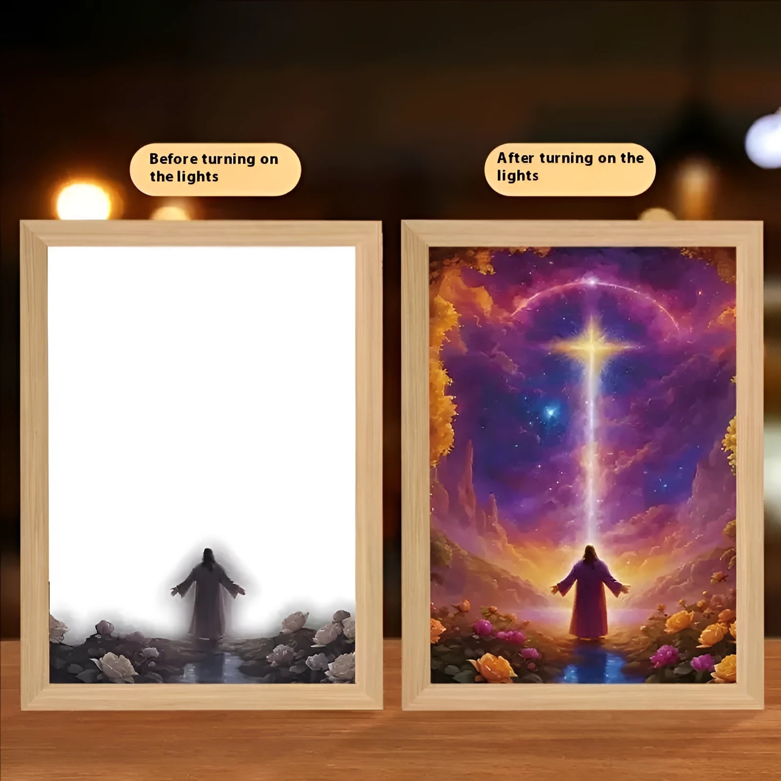 Handmade rectangular LED light painting photo frame showing illuminated inspirational design