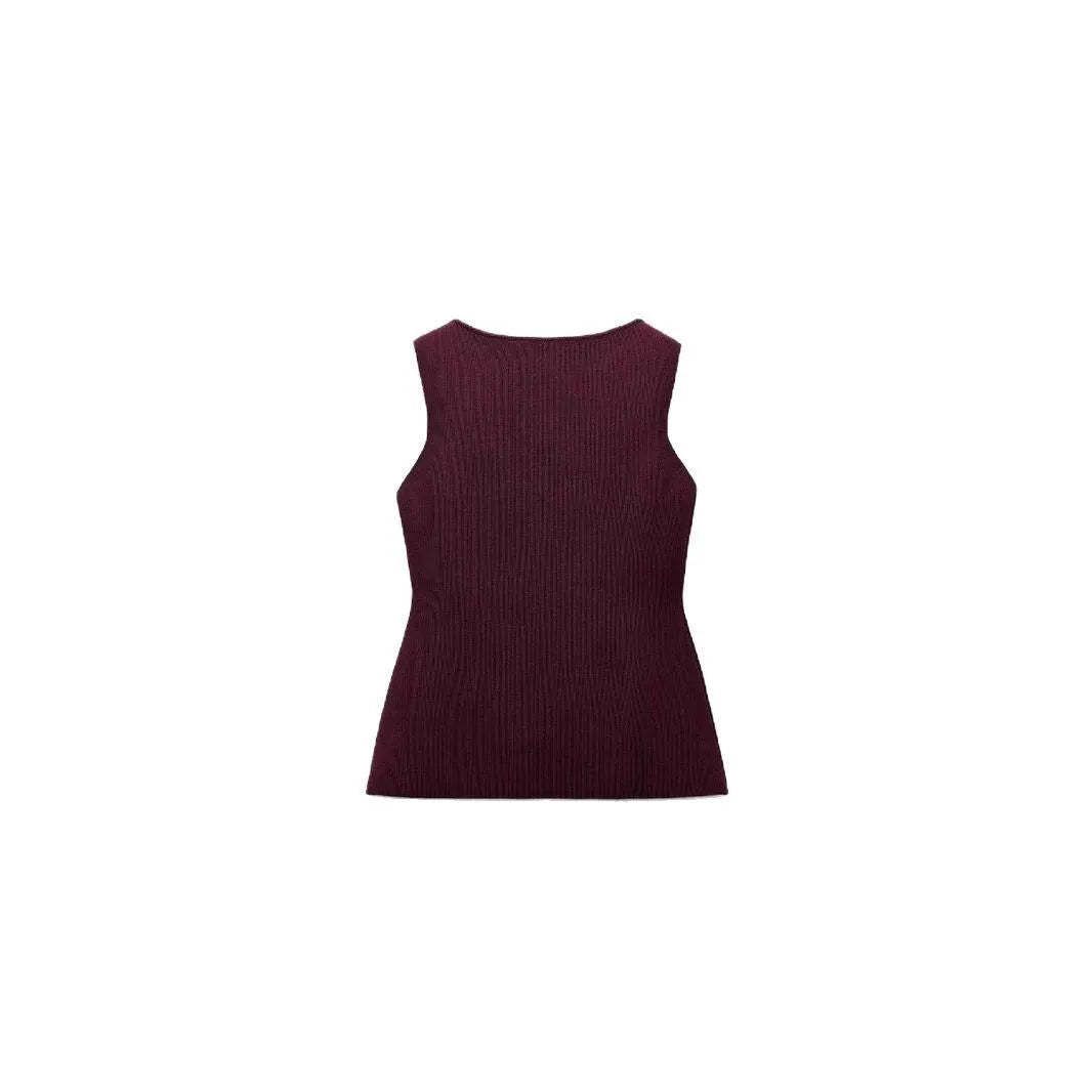 Dark red slim-fit sleeveless cardigan vest with a raised 3D pattern texture on a mannequin.