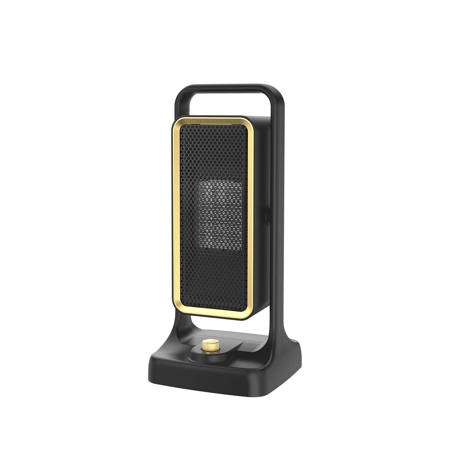 Black compact PTC ceramic desktop air heater with control knob on front