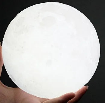 3D printed spherical moon lamp showing lunar surface texture on wooden holder