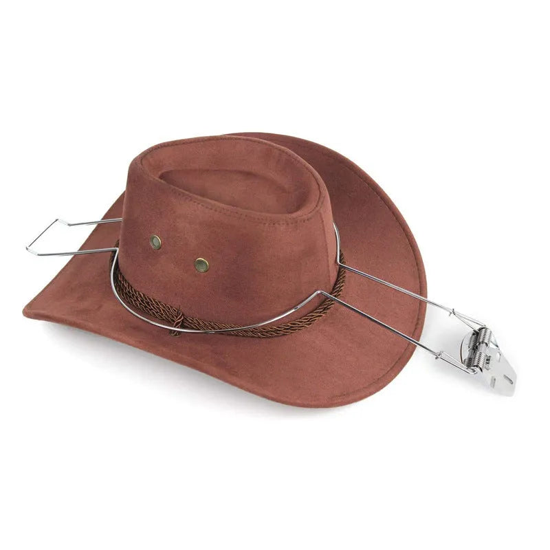 Brown chrome-plated metal freestanding hat and coat stand with multiple hooks.