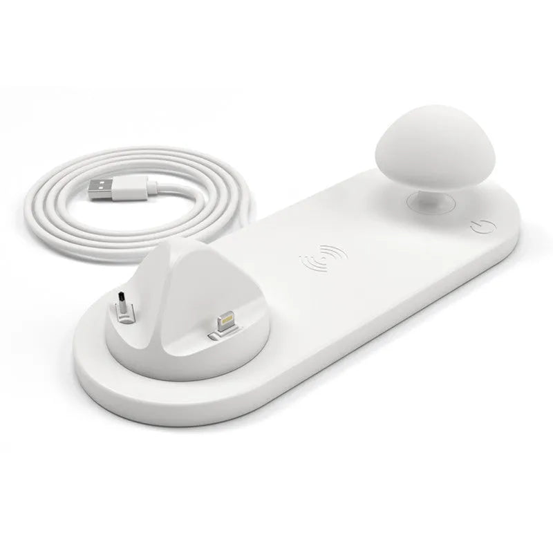 White 3 in 1 wireless charging dock with a phone on the pad and USB cable
