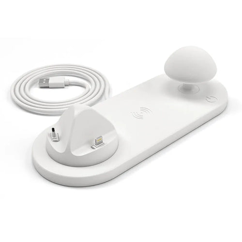 White 3 in 1 wireless charging dock with a phone on the pad and USB cable