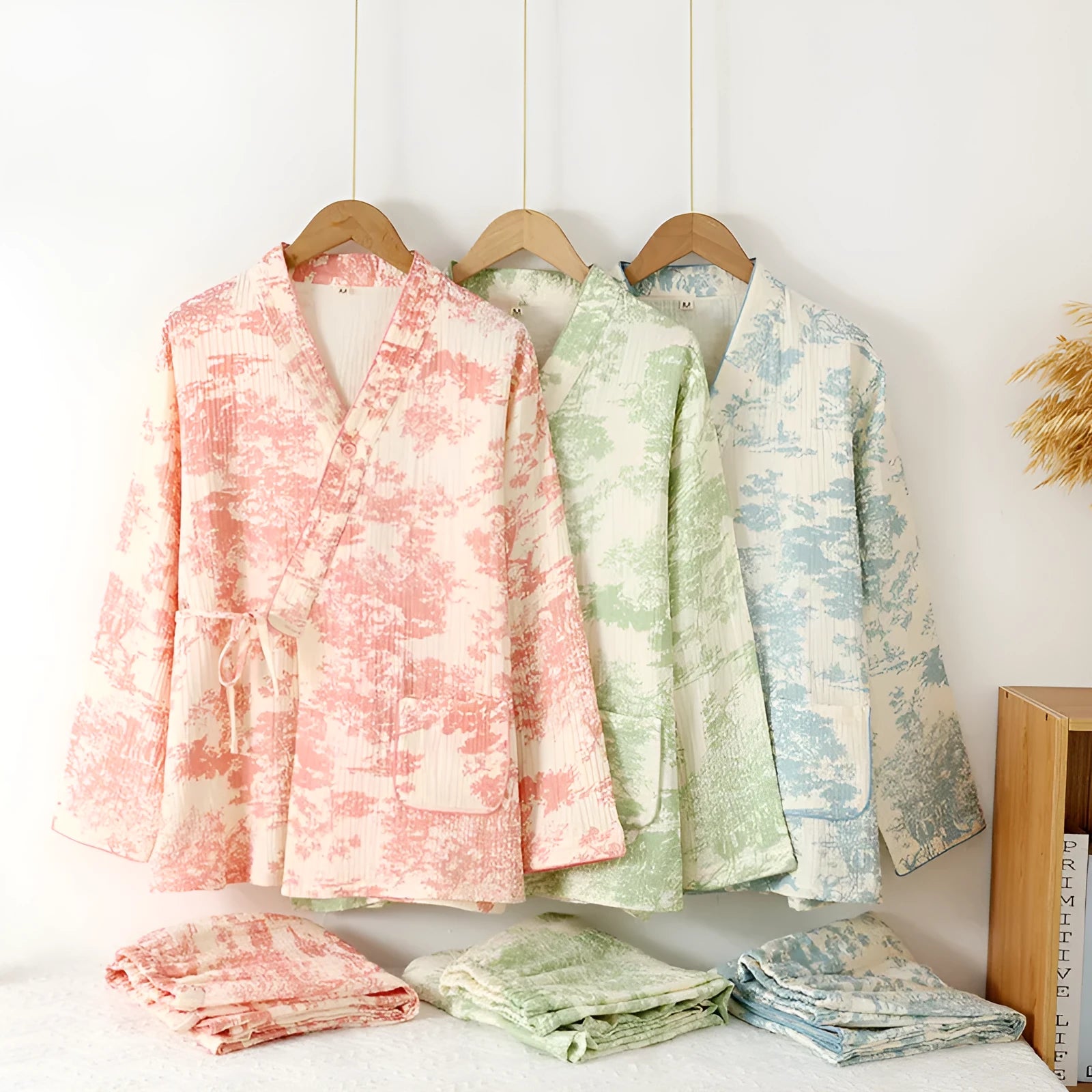 Women's pure cotton gauze lounge suit set in frosted pine trees colour with lace-up detailing