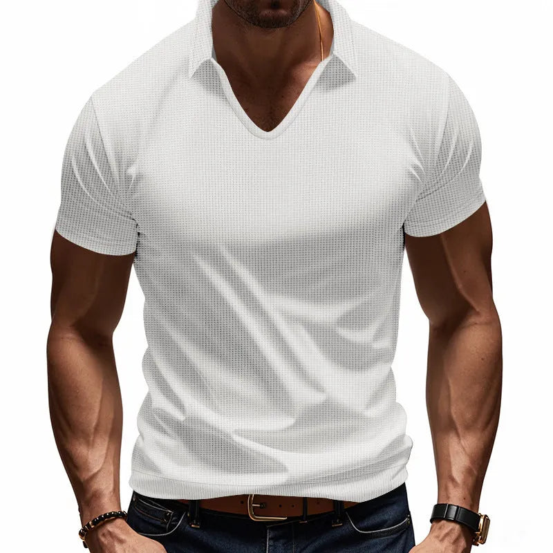 Men's loose fit V-neck short sleeve T-shirt in cotton blend fabric shown in solid colour options