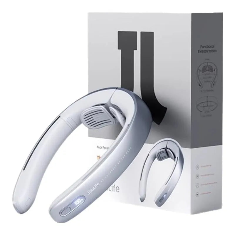 Silver grey hanging neck portable bladeless fan showing button controls and modern minimalist design