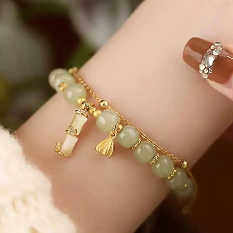 Retro bamboo bracelet with Ruyi pattern and flower design in electroplated glass
