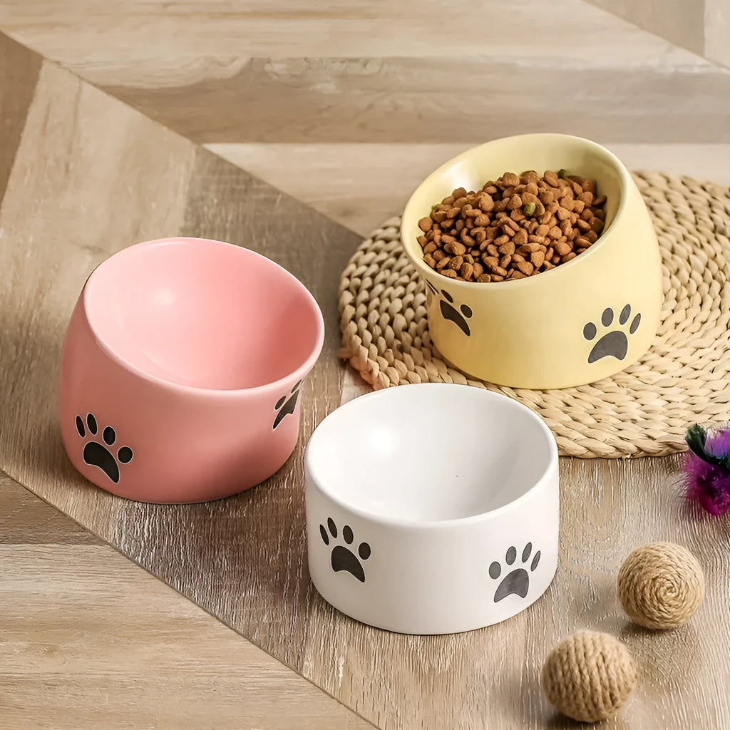 Ceramic cat bowl with high foot design and oblique mouth in cat's paw pattern