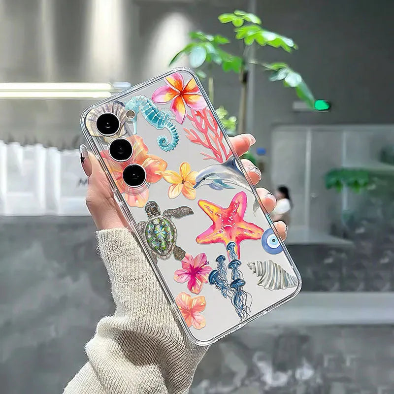 Transparent TPU iPhone case with hand-painted dolphin and turtle design on soft shell