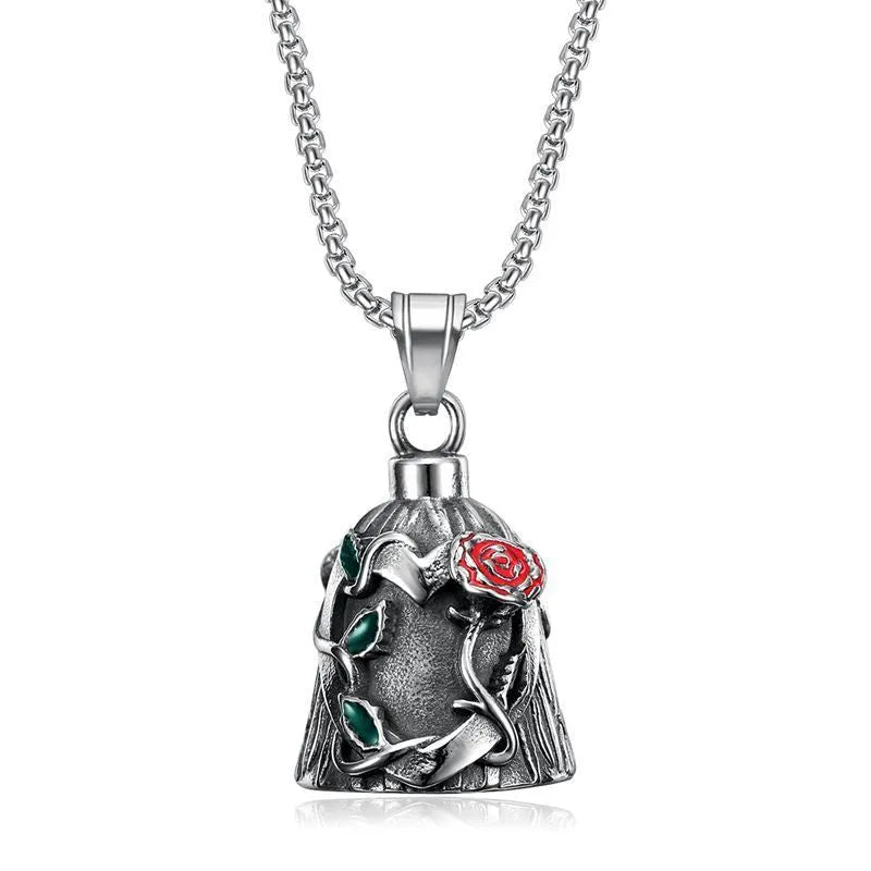 Polished titanium steel vintage motorcycle lucky bell with double-sided epoxy rose design in retro steel colour.