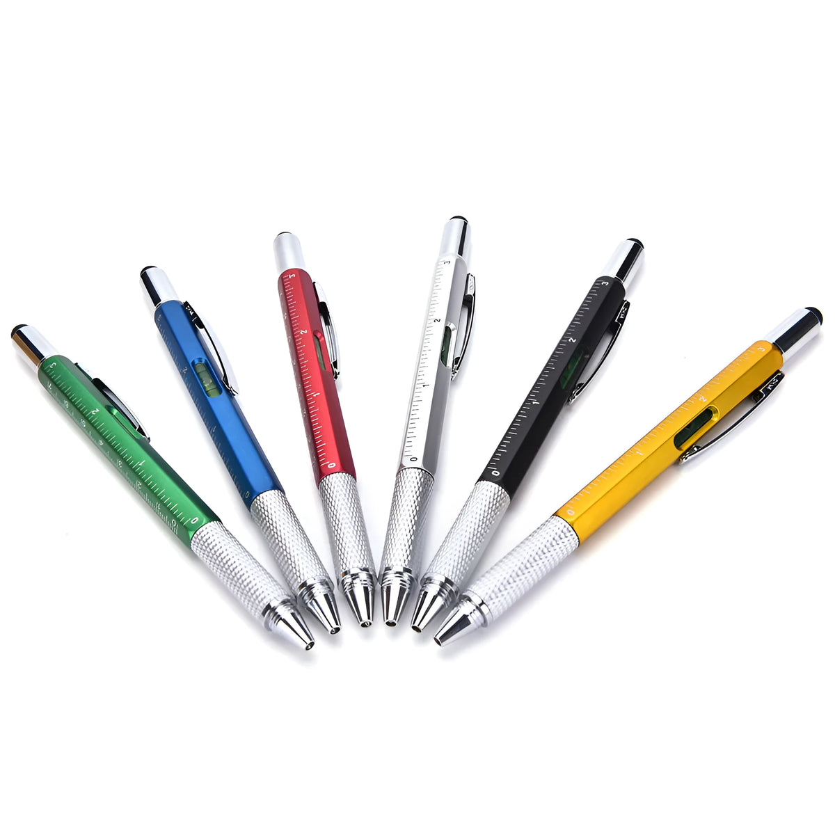 Black 6 in 1 multi-function touch screen stylus ballpoint pen with spirit level and screwdriver tips on white background