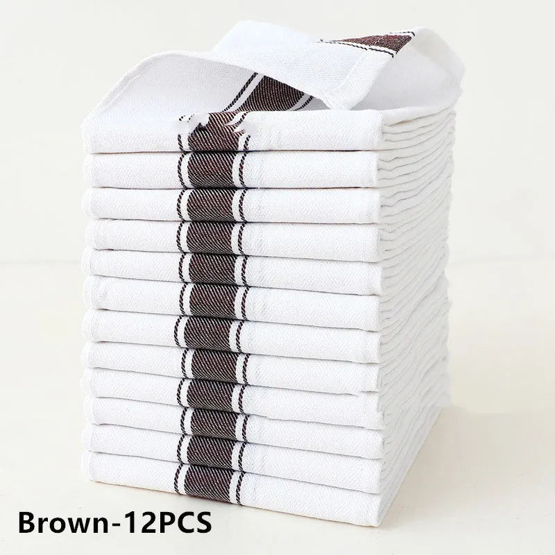 Set of twelve striped cotton dish towels in various colours, showing their 48x70 cm size