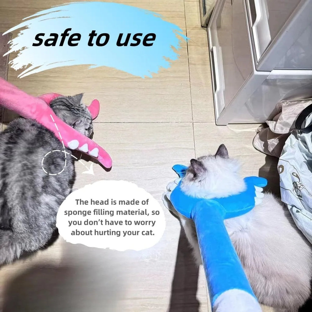 Blue plush cat wand toy with foam-filled front section, 70cm length