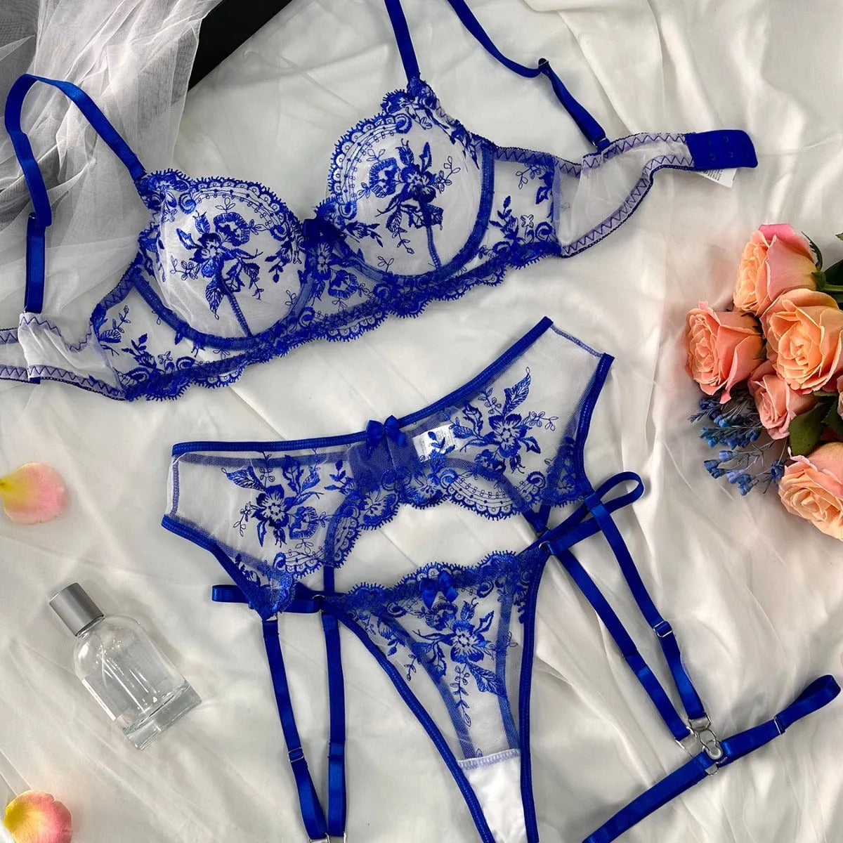 Women's embroidered see-through underwear set with cut-out design and lace-up garter straps