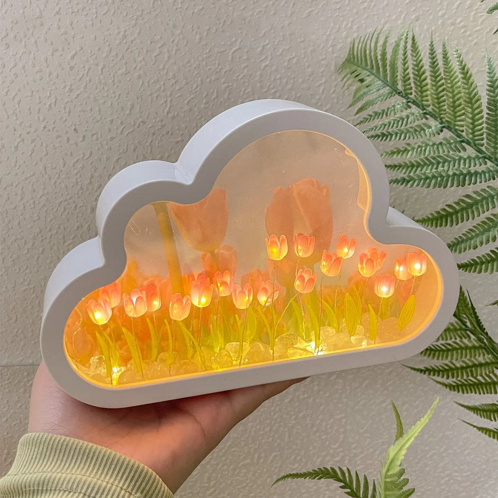 DIY tulip night lamp with decorative mirror and LED lighting in multiple colour options
