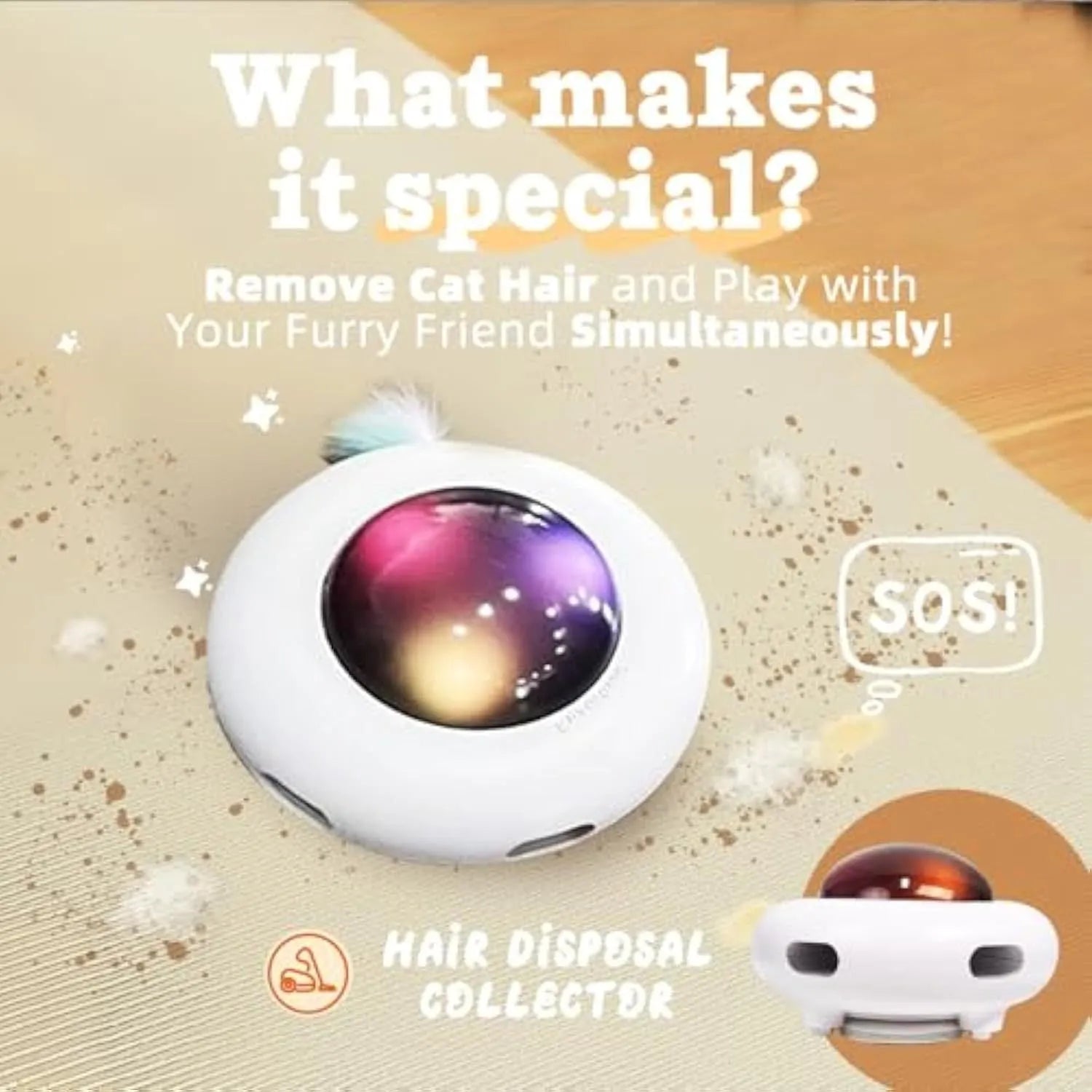White USB rechargeable interactive cat toy with moving colourful feathers and LED lights