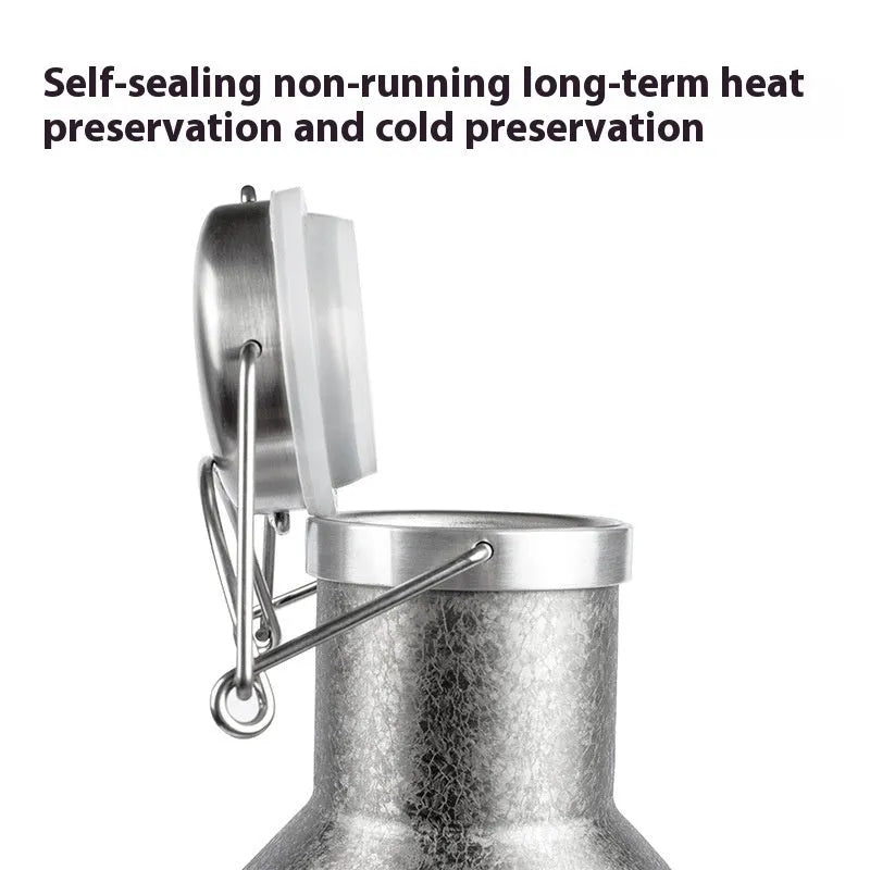 Large stainless steel thermal pot with carrying handle for outdoor camping and hiking use