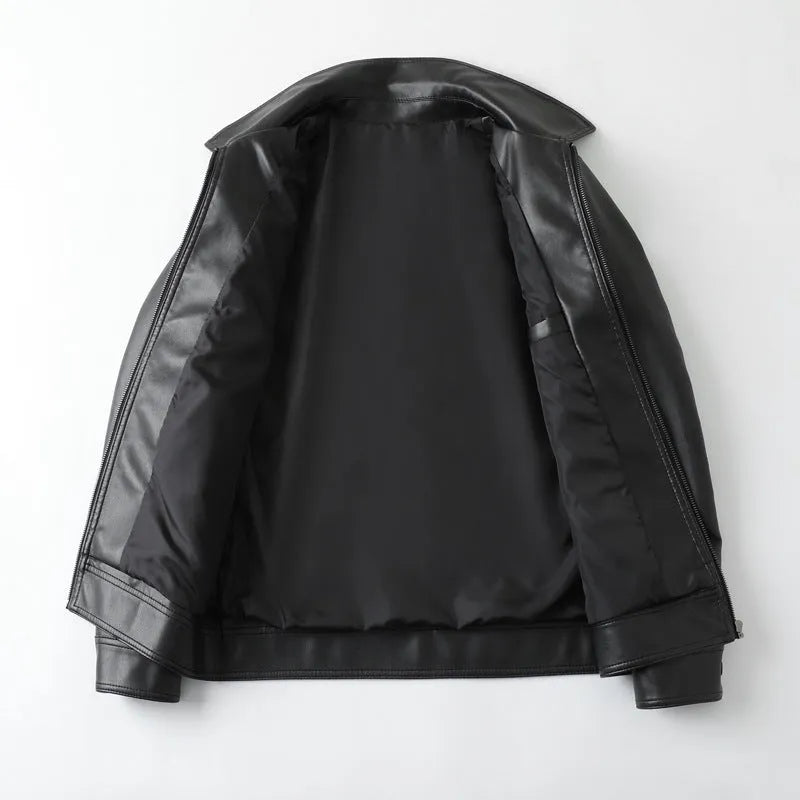 Men's black PU leather jacket with zipper pockets, shown in a loose fit casual style.