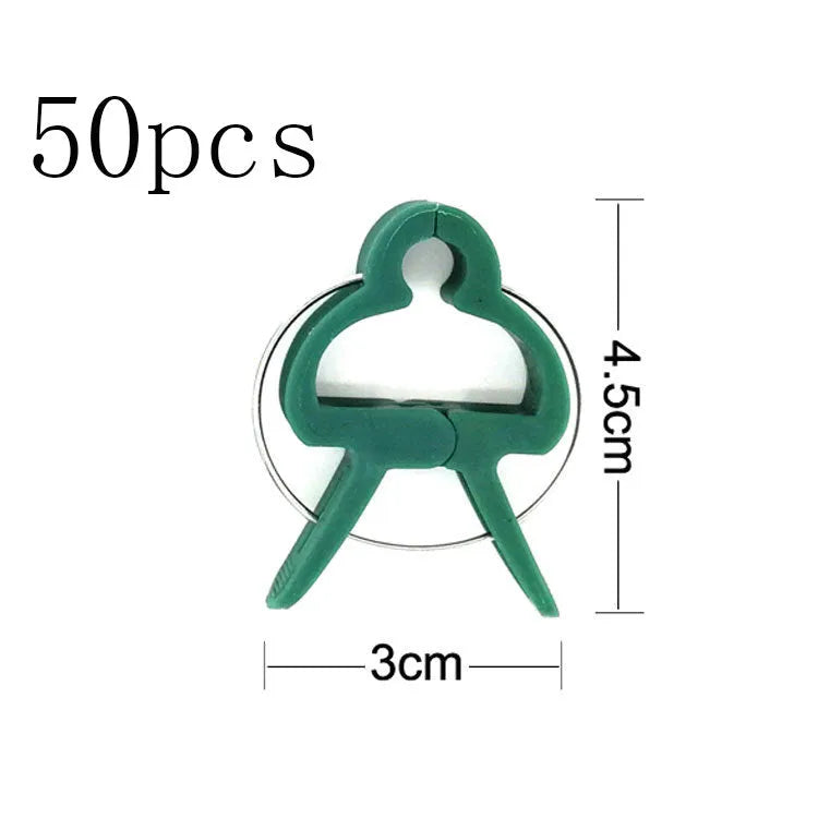 Green plastic and zinc plant fixing clips set with large and small sizes for climbing garden plants