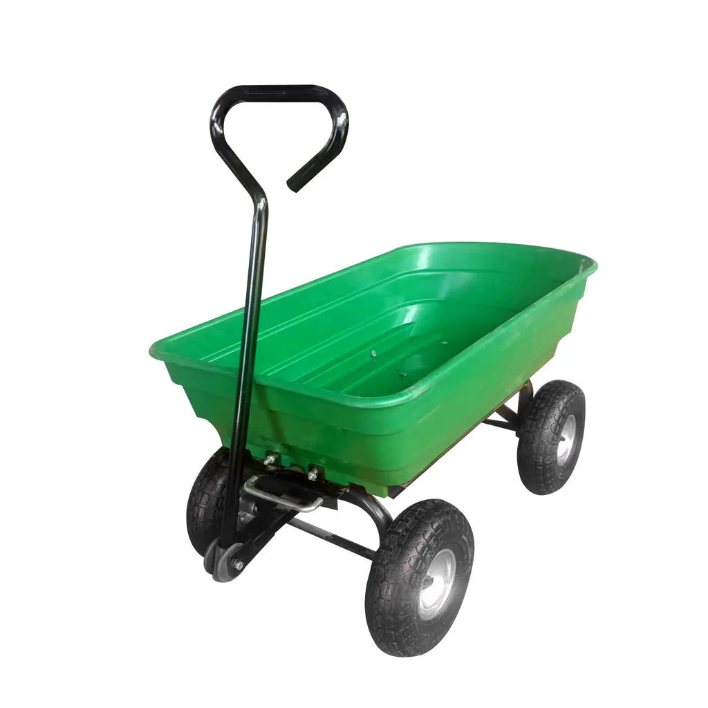 Green four-wheel plastic dump truck with a steel PP body, model TC2145.